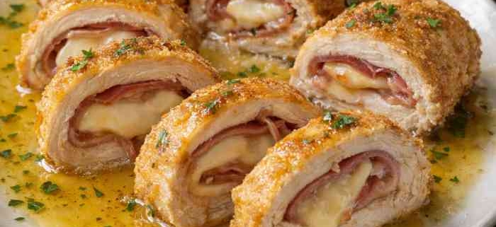 Pechuga de pollo rellena de jamón serrano y queso cocinada en sidra